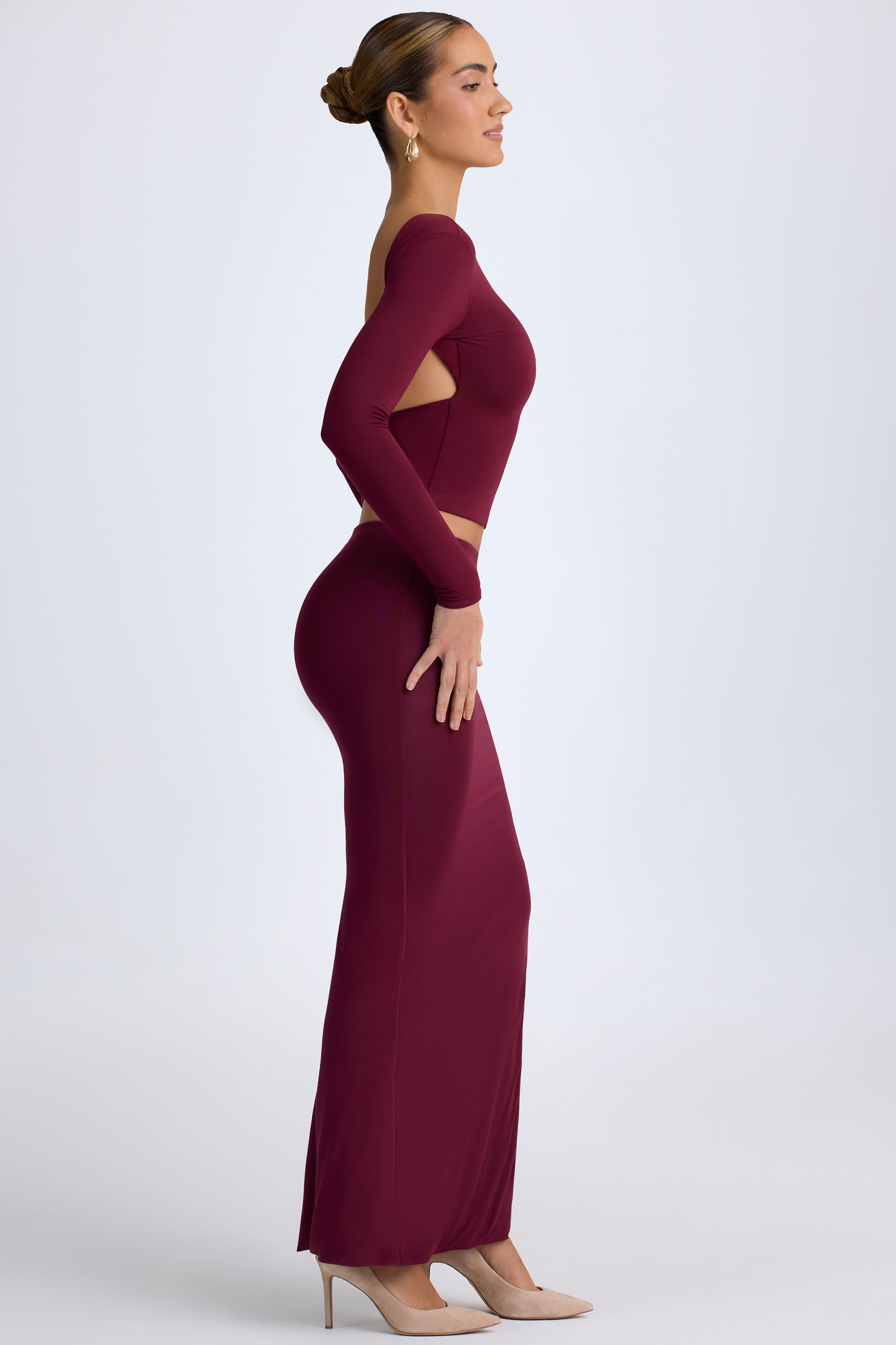 Modal Low-Rise Maxi Skirt in Wine Red