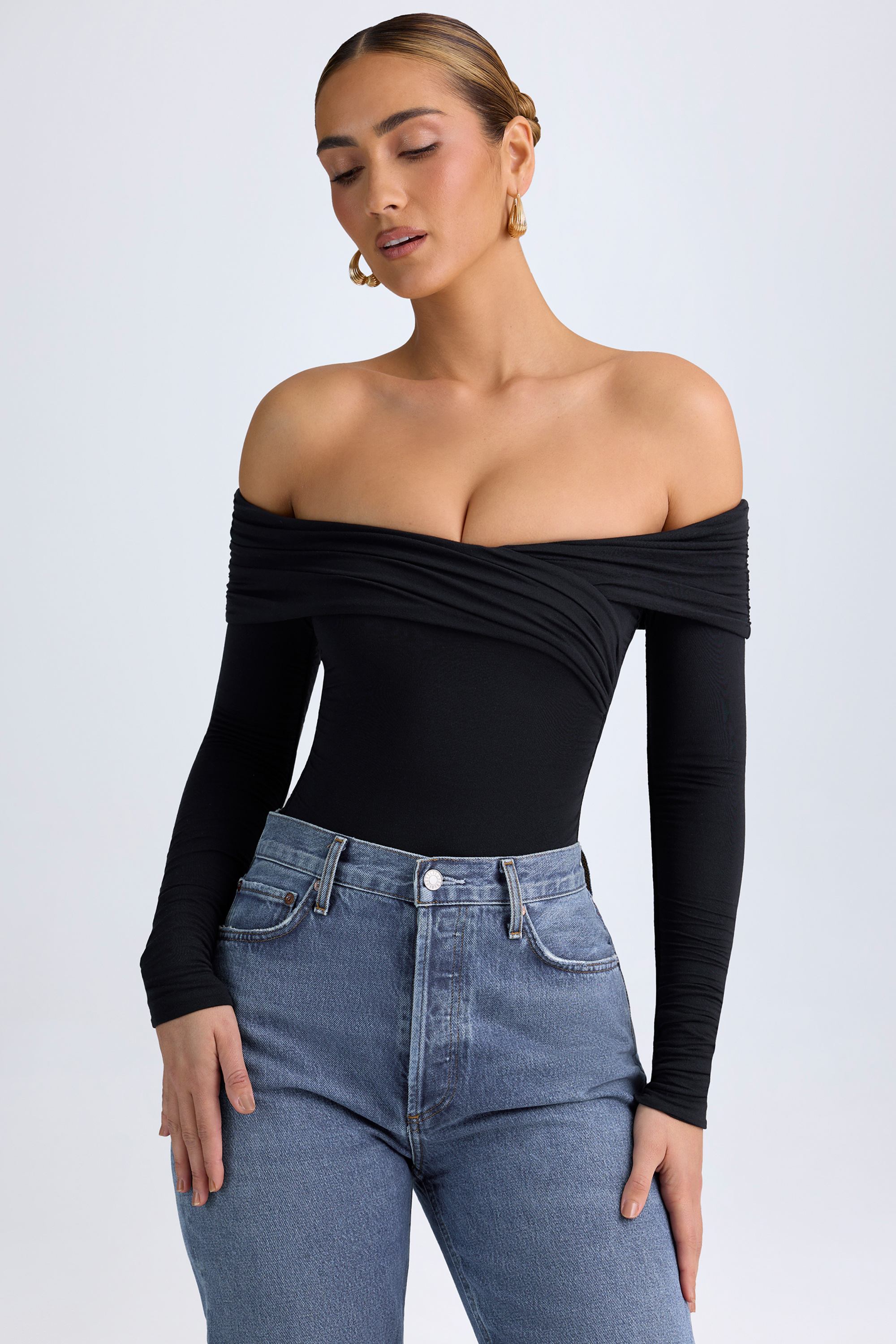 Modal Off-Shoulder Ruched Bodysuit in Black