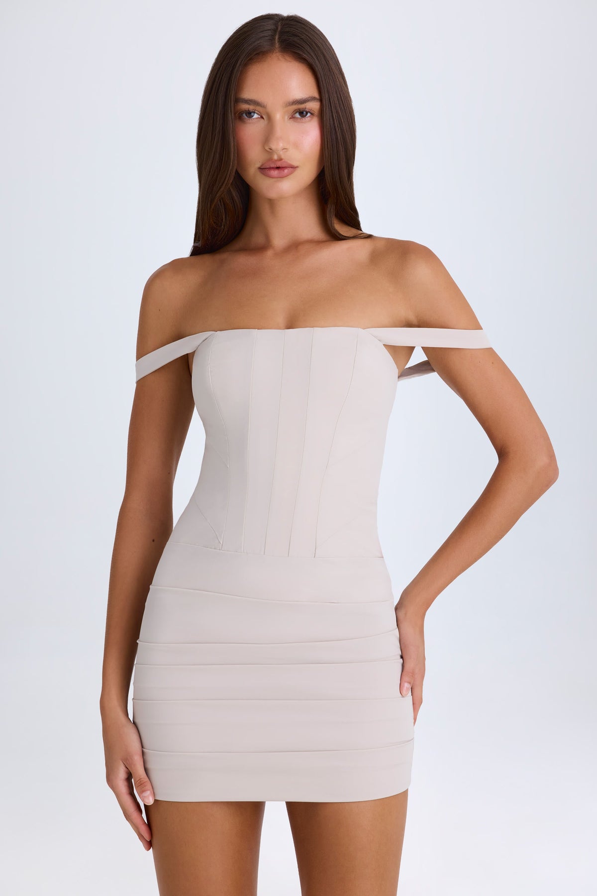 Off-Shoulder Corset Mini Dress in Taupe