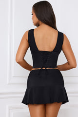 Longline Lace-Up Corset Top in Black