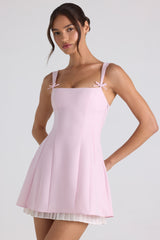 Bow-Detail Pleated A-Line Mini Dress in Soft Pink