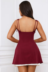 Bow-Detail Pleated A-Line Mini Dress in Berry Red