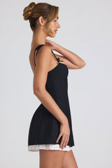 Bow-Detail Pleated A-Line Mini Dress in Black