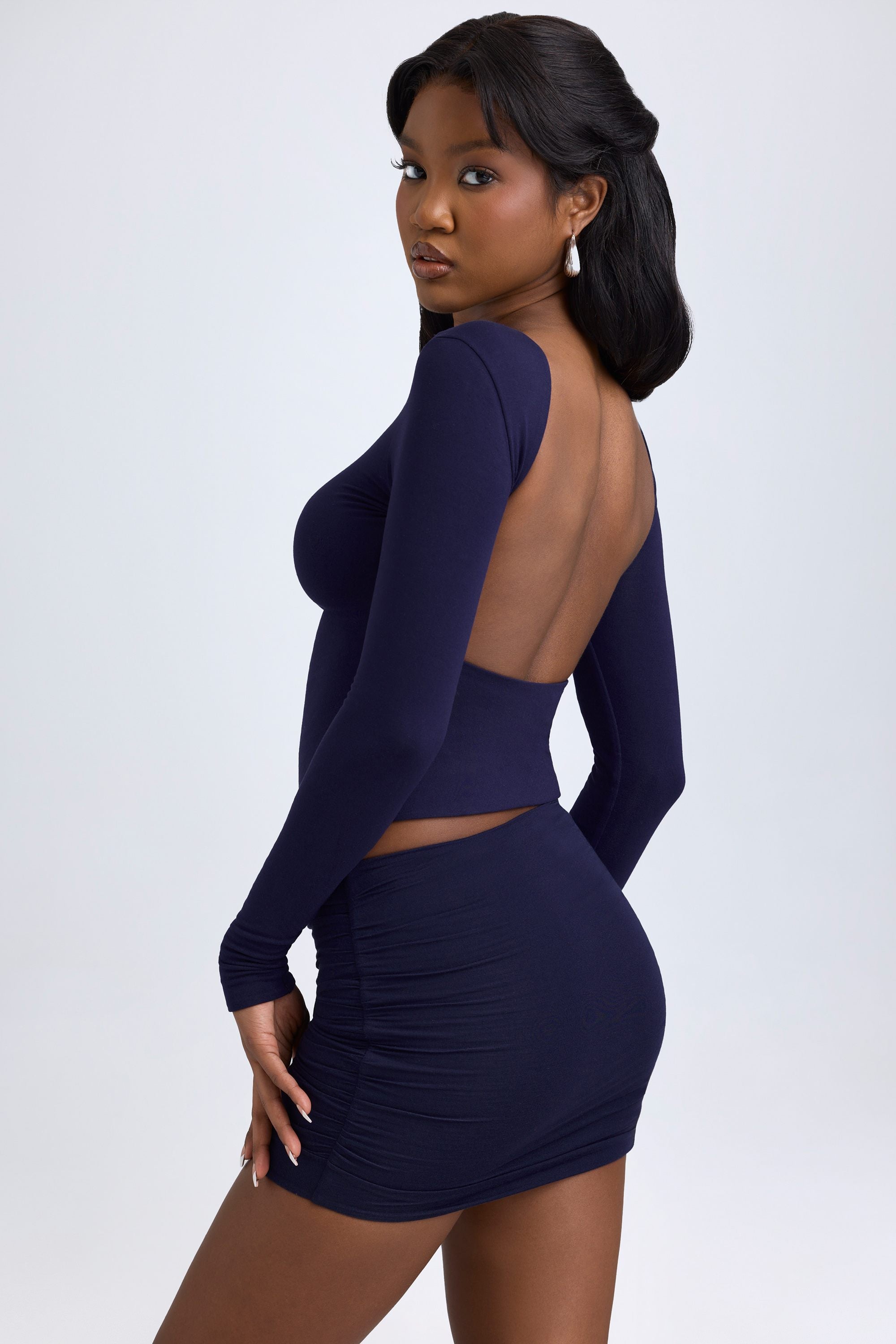 Modal High-Neck Open-Back Top in True Navy