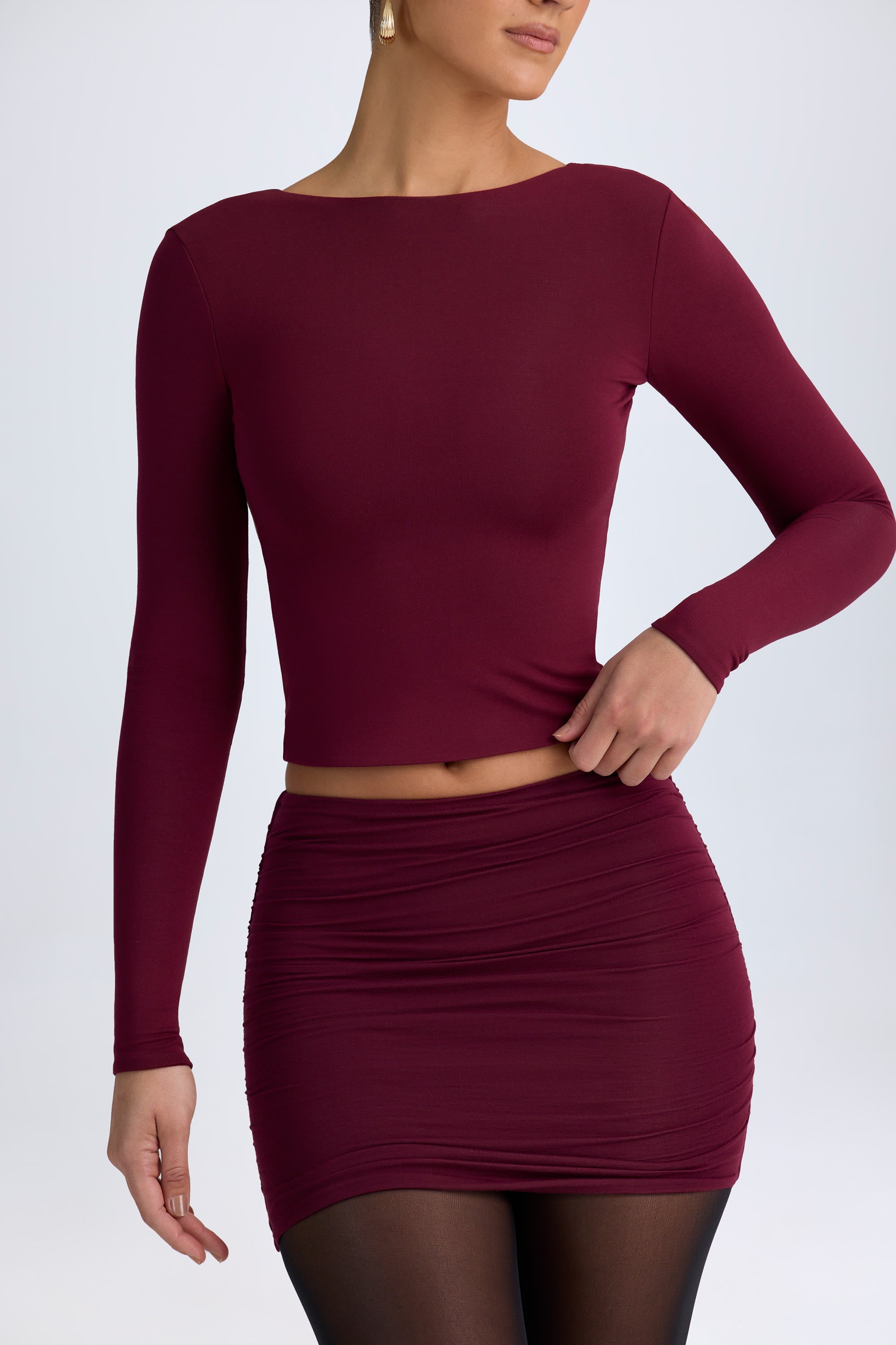 Modal High-Neck Open-Back Top in Wine Red