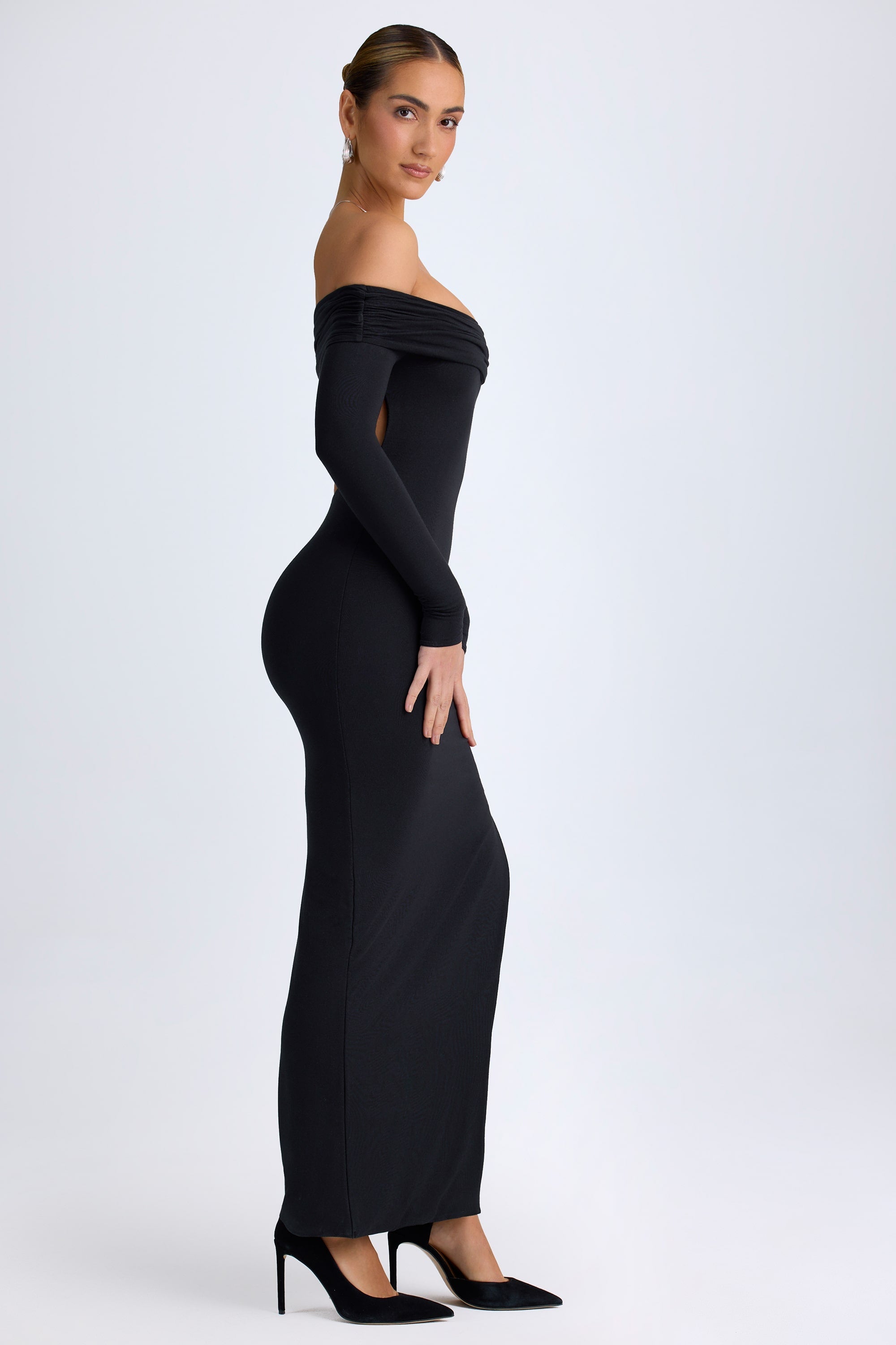 Modal Off-Shoulder Open-Back Maxi Dress in Black