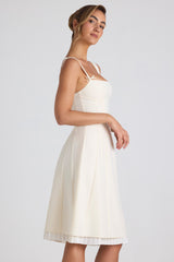 Bow-Detail Pleated A-Line Midi Dress in Ivory