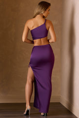 Ruched Asymmetric-Waist Maxi Skirt in Plum