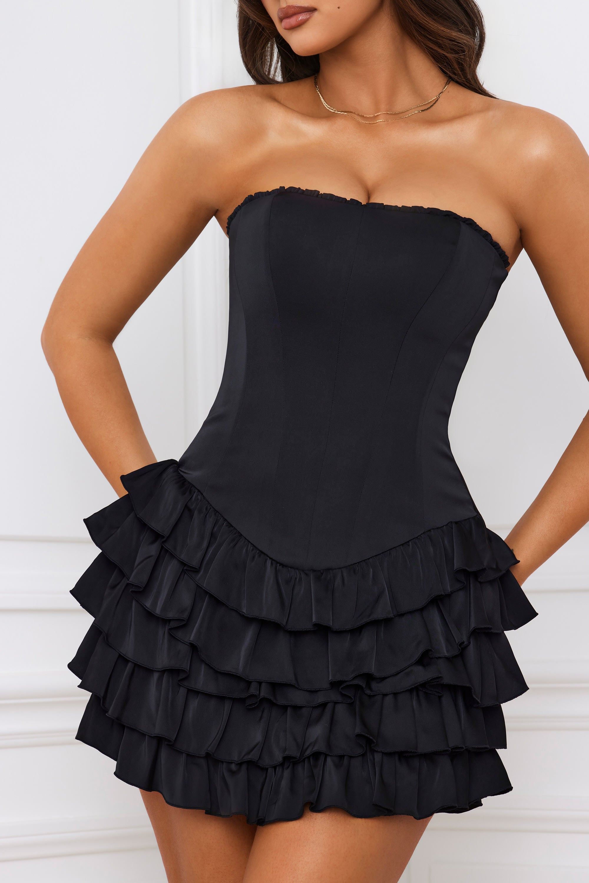 Bandeau Ruffled Tiered Corset Mini Dress in Black