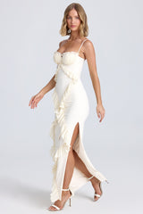 Plissé Ruffle-Trim Maxi Dress in Ivory