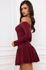 Off-Shoulder Tiered Corset Mini Dress in Berry Red