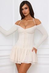 Off-Shoulder Tiered Corset Mini Dress in Ivory