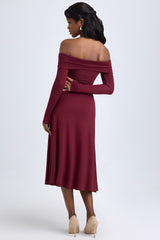 Modal Off-Shoulder Ruched Midaxi Dress in Wine Red