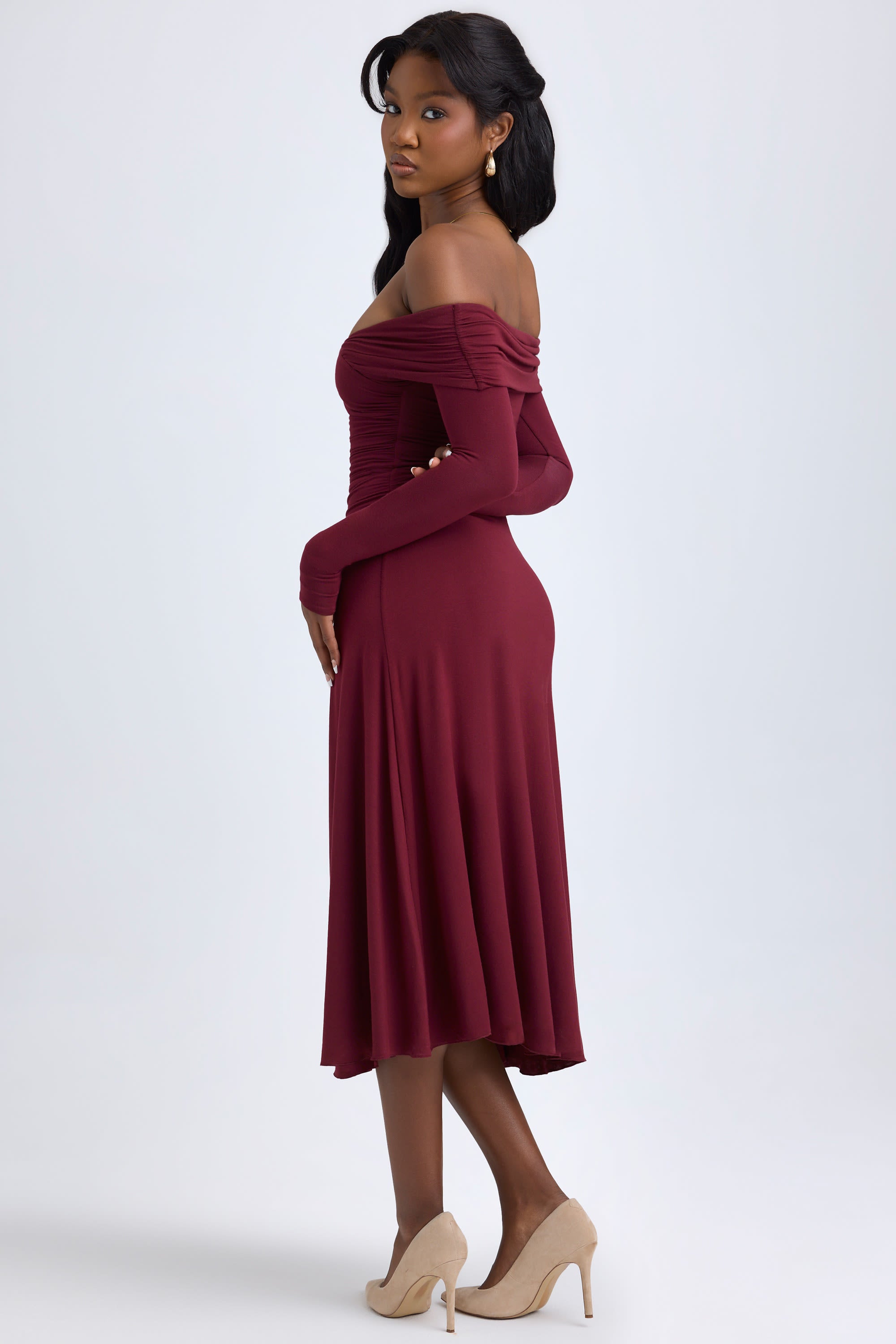 Modal Off-Shoulder Ruched Midaxi Dress in Wine Red