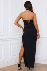 Halterneck Lace-Up Corset Maxi Dress in Black