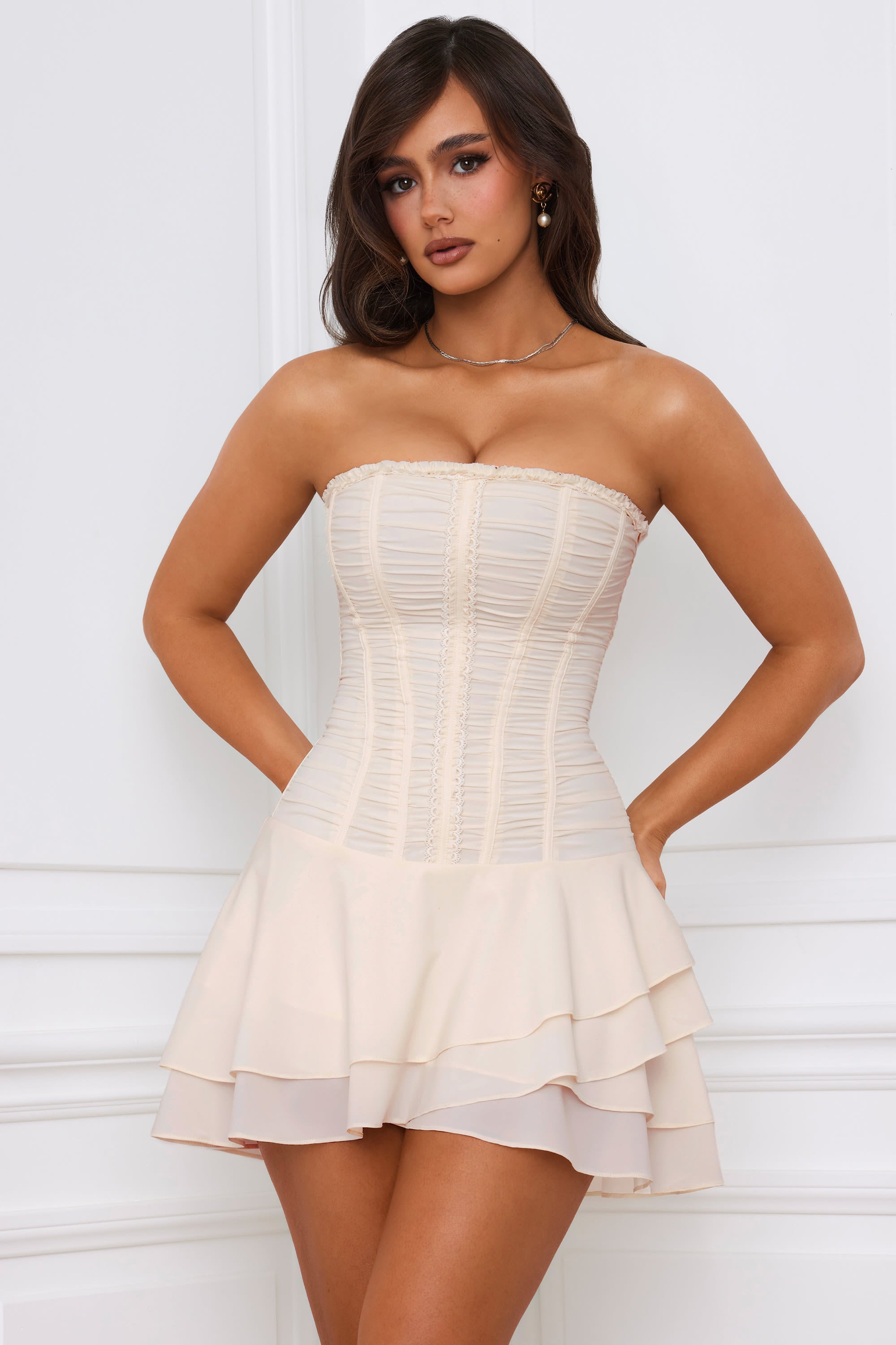 Bandeau Lace-Up Corset Mini Dress in Ivory