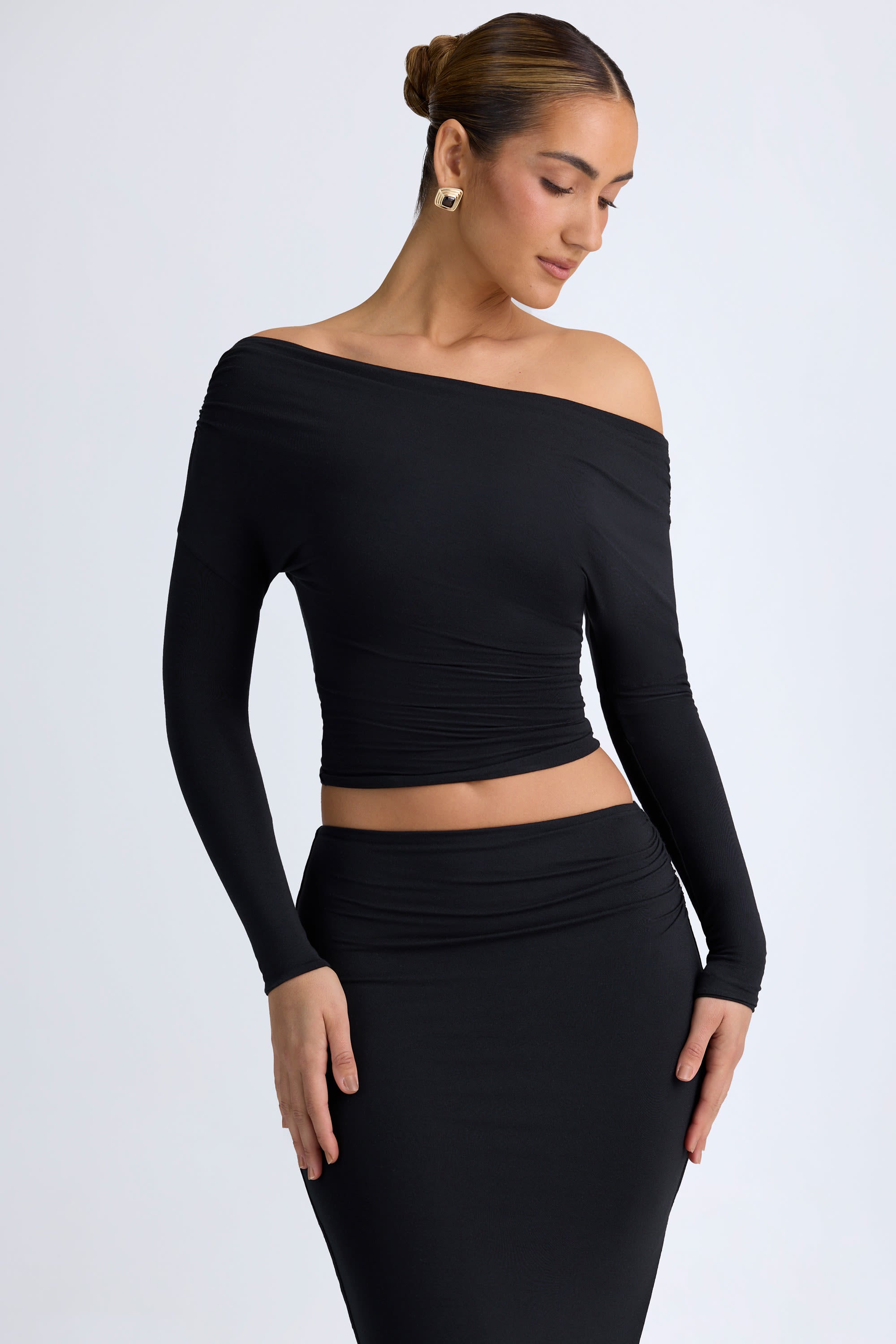 Modal One-Shoulder Ruched Top in Black