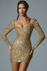 Embellished Sweetheart-Neck Mini Dress in Gold