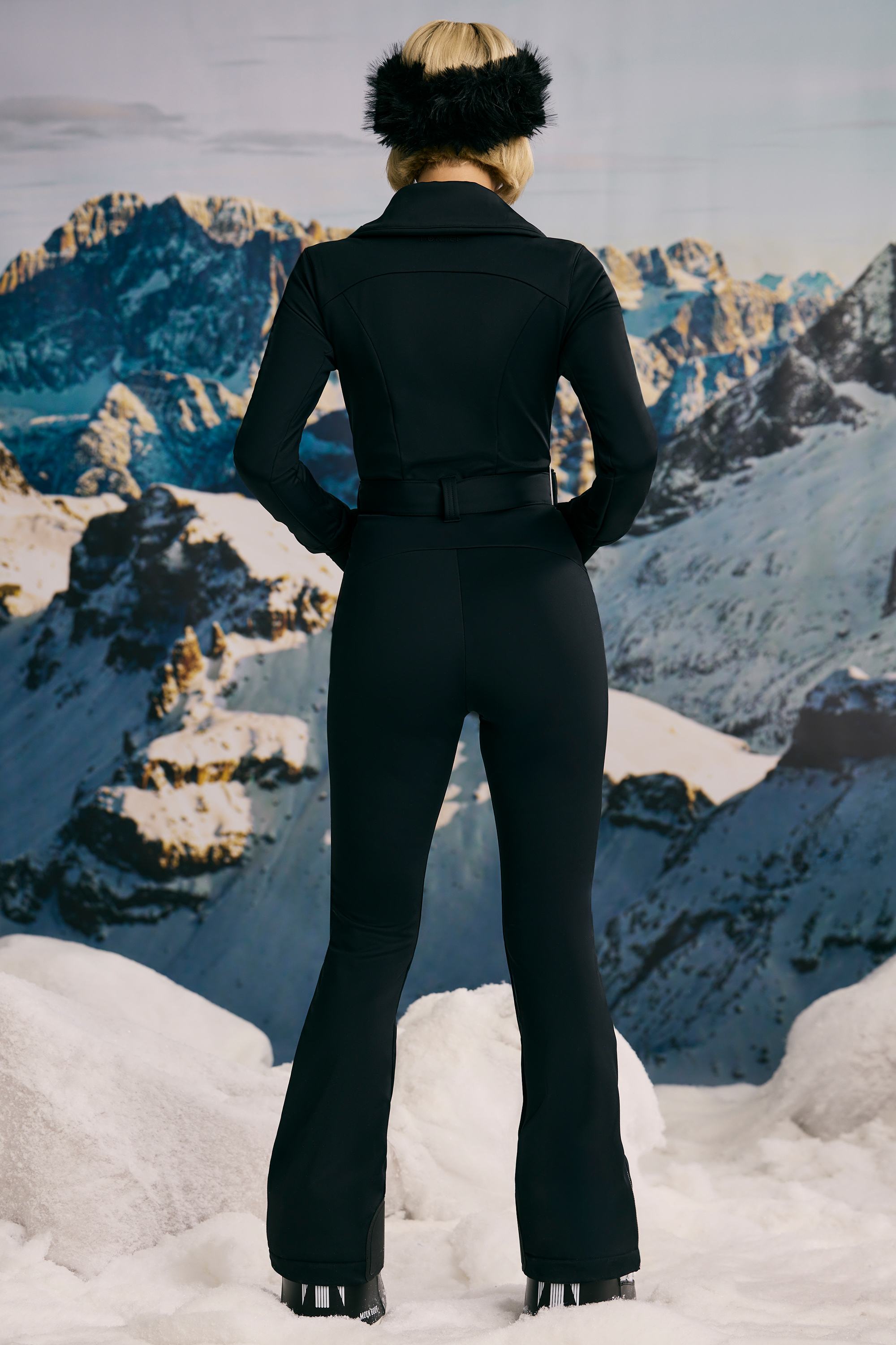 Fleece-Lined Belted Ski Suit in Black