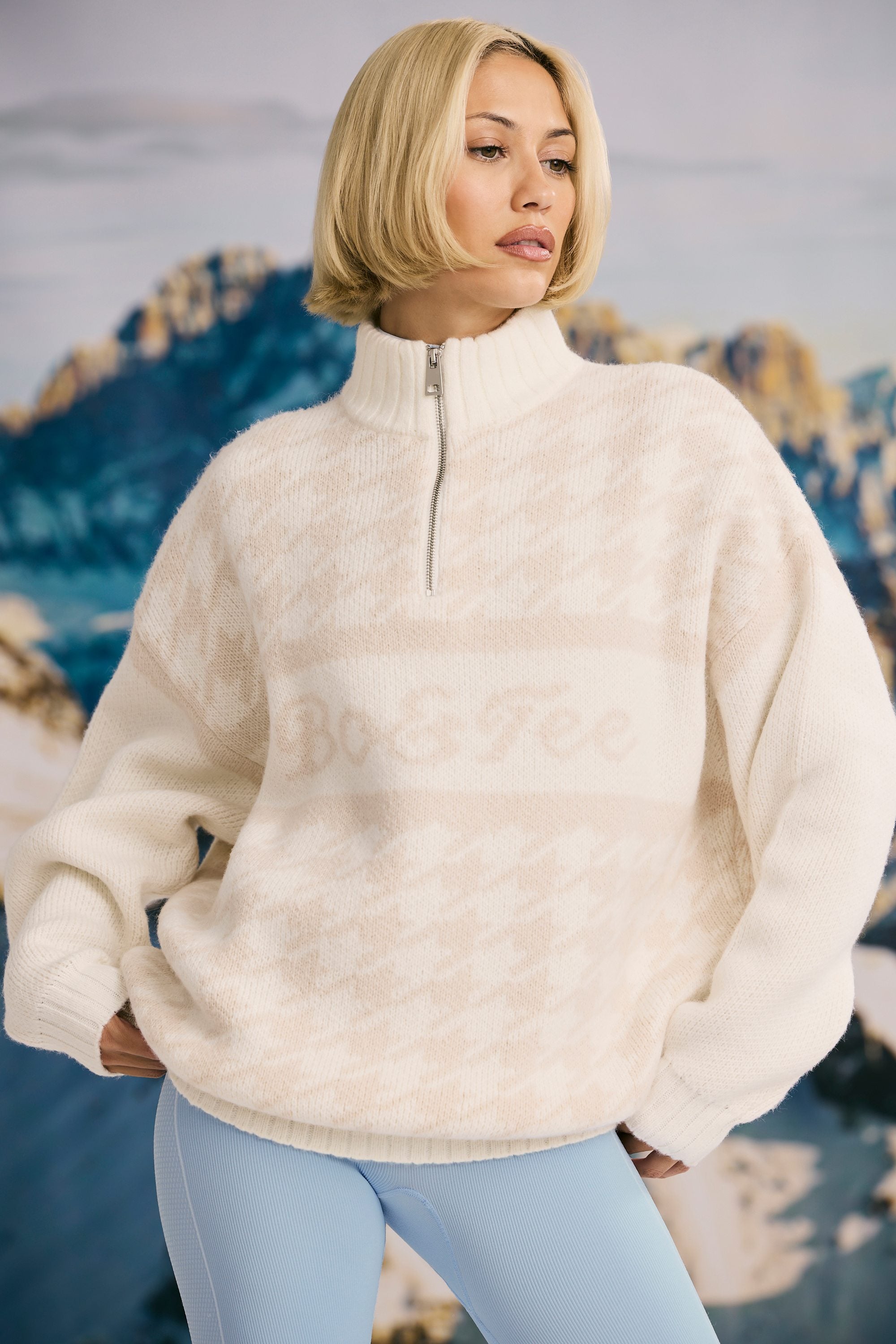 Oversized Half-Zip Chunky-Knit Jumper in Ice White