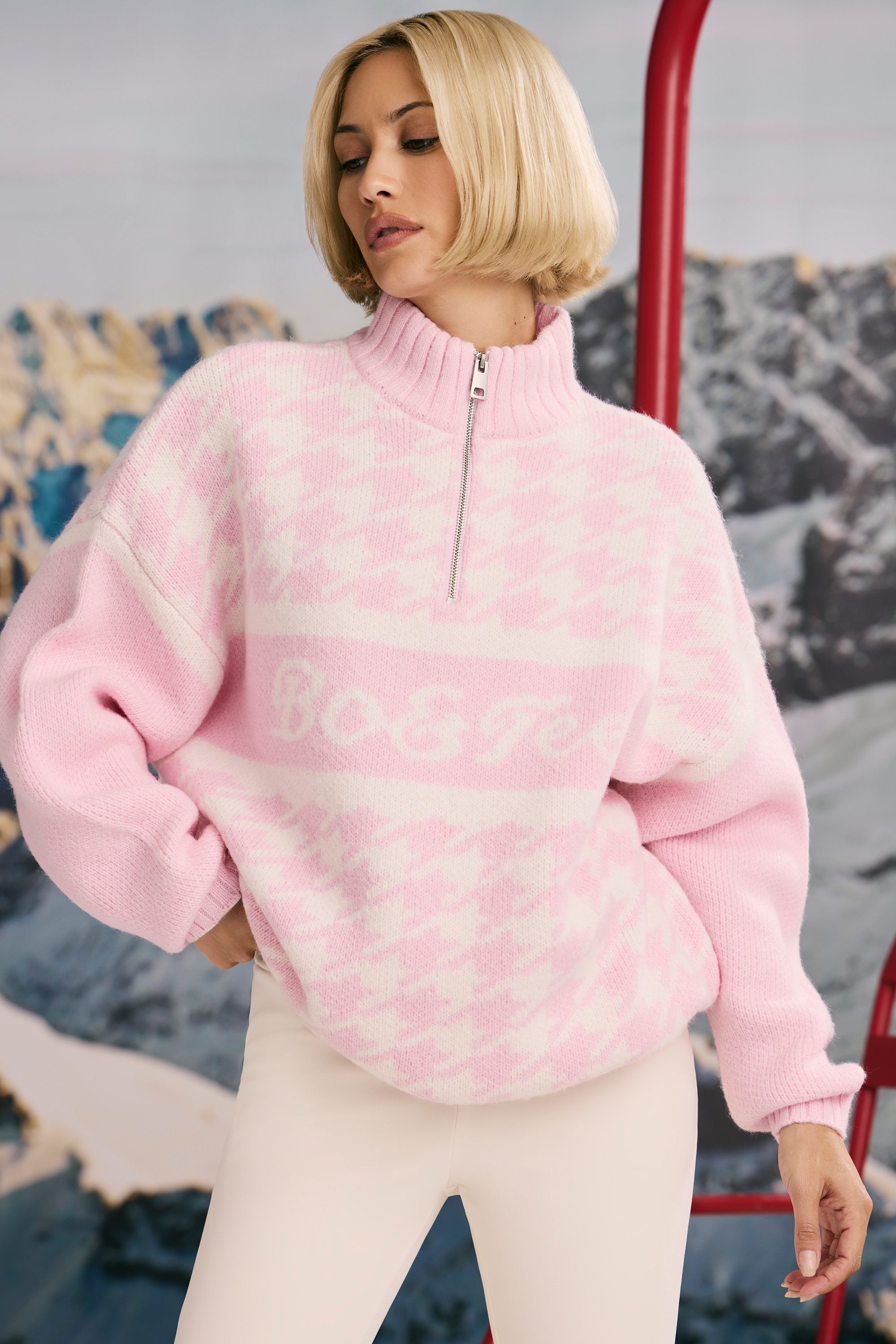 Oversized Half-Zip Chunky-Knit Jumper in Pastel Pink