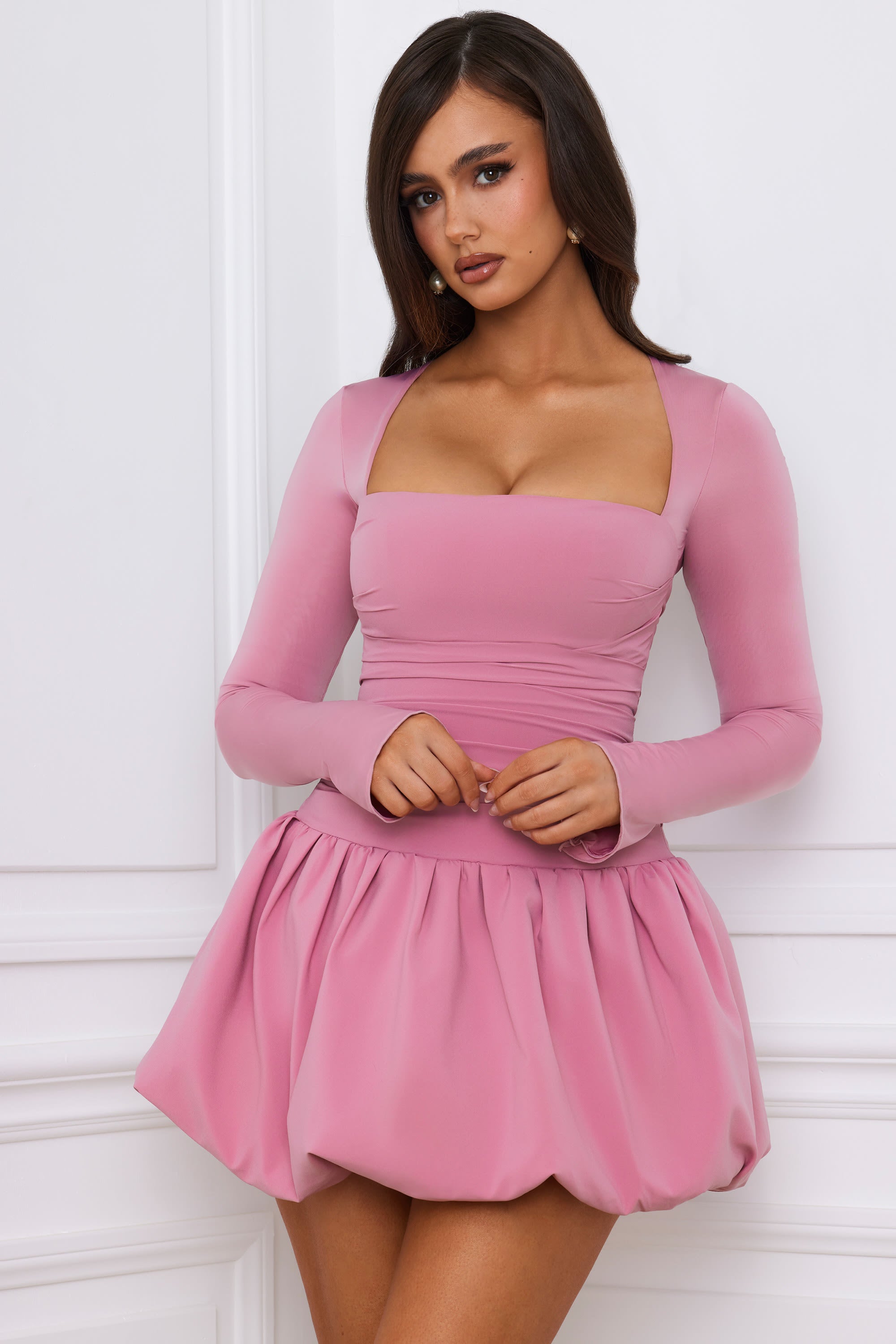 Long-Sleeve Bubble Hem Mini Dress in Mauve